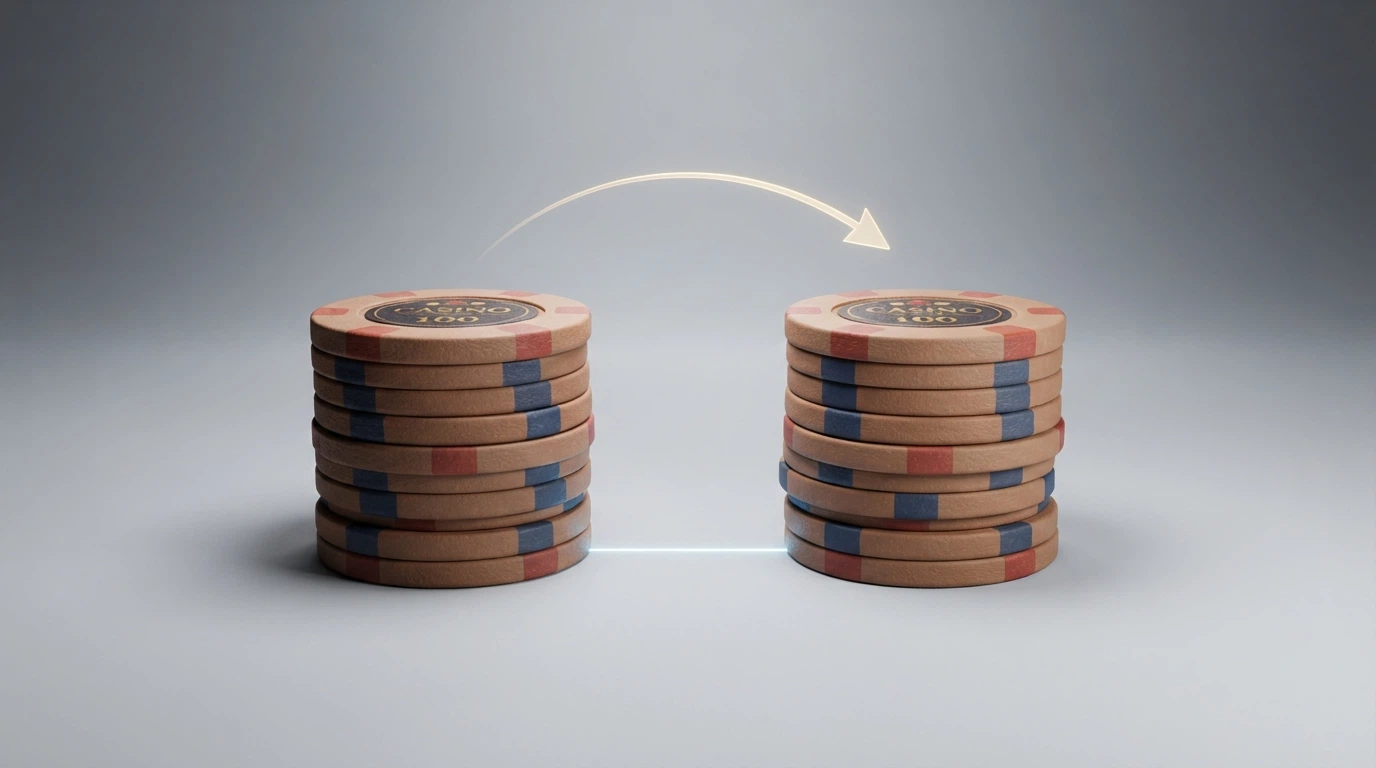 Schema visivo che mostra due pile di fiches uguali affiancate — una etichettata «tuo deposito», l'altra «bonus 100%» — che si uniscono in un unico saldo