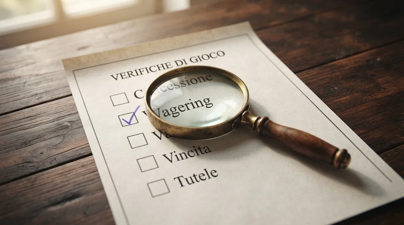 Una lente di ingrandimento su una checklist con le voci: concessione ADM, wagering, validità, cap vincita, gioco responsabile