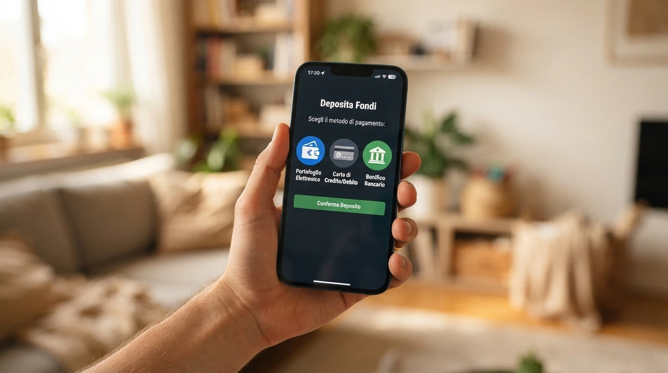 Uno smartphone che mostra le icone di PayPal, Apple Pay e Bancomat Pay allineate sopra la scritta «Deposito istantaneo» nell'interfaccia di un casinò mobile