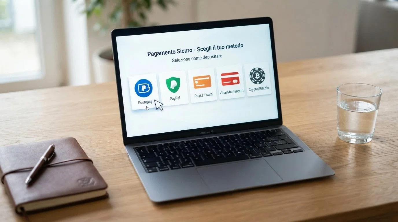 Una schermata di checkout digitale con le icone di PayPal, Skrill, Neteller, Visa e Mastercard disposte in fila, con un cursore che seleziona un metodo