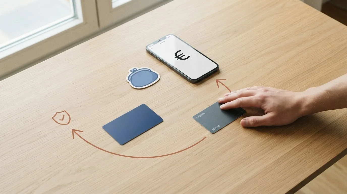 Una mano che appoggia una carta prepagata su un tavolo, con icone di e-wallet e carte disposte intorno, e una freccia che dal deposito punta al prelievo passando attraverso un'icona «KYC»