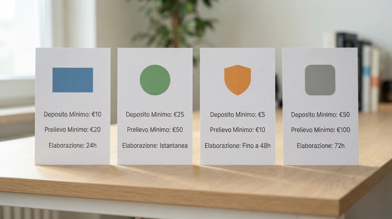 Quattro riquadri affiancati con i loghi di PayPal, Skrill, Neteller e Mastercard, ciascuno con l'indicazione del deposito minimo, del prelievo minimo e del tempo di accredito