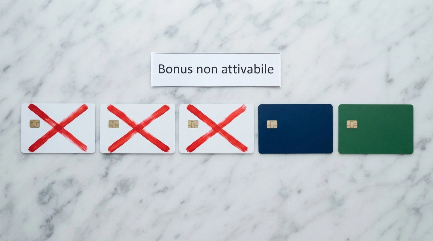 Tre carte di pagamento digitale — Skrill, Neteller e Paysafecard — barrate con una X rossa sopra la scritta «Bonus non attivabile», affiancate da Visa e MasterCard senza barratura
