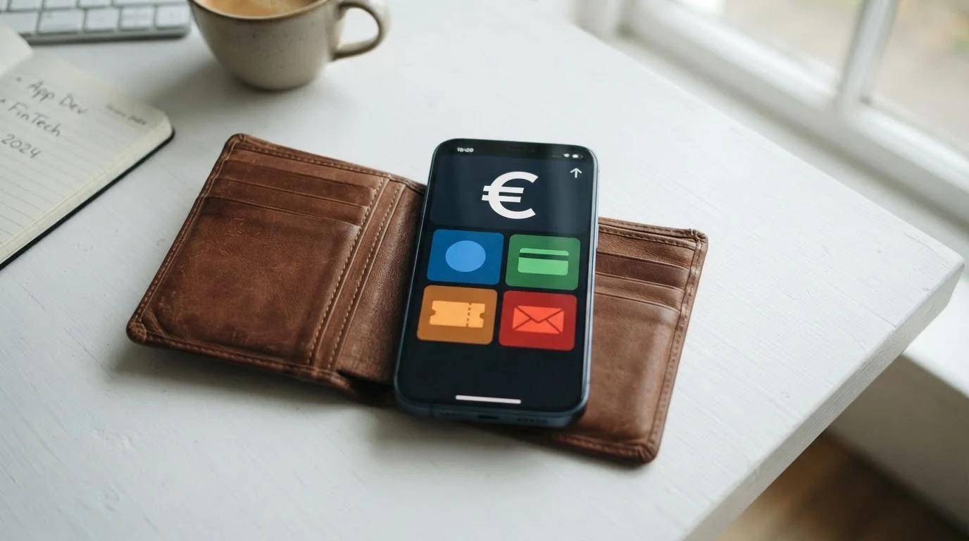 Uno smartphone appoggiato su un portafoglio aperto; sullo schermo del telefono, le icone di PayPal, Postepay, Skrill e Neteller con accanto il simbolo dell'euro e una freccia verso l'alto