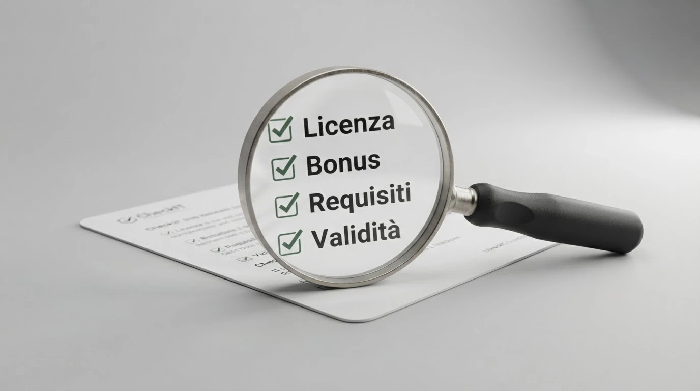 Una lente di ingrandimento su una lista di controllo con voci come «licenza», «bonus», «requisiti», «validità»