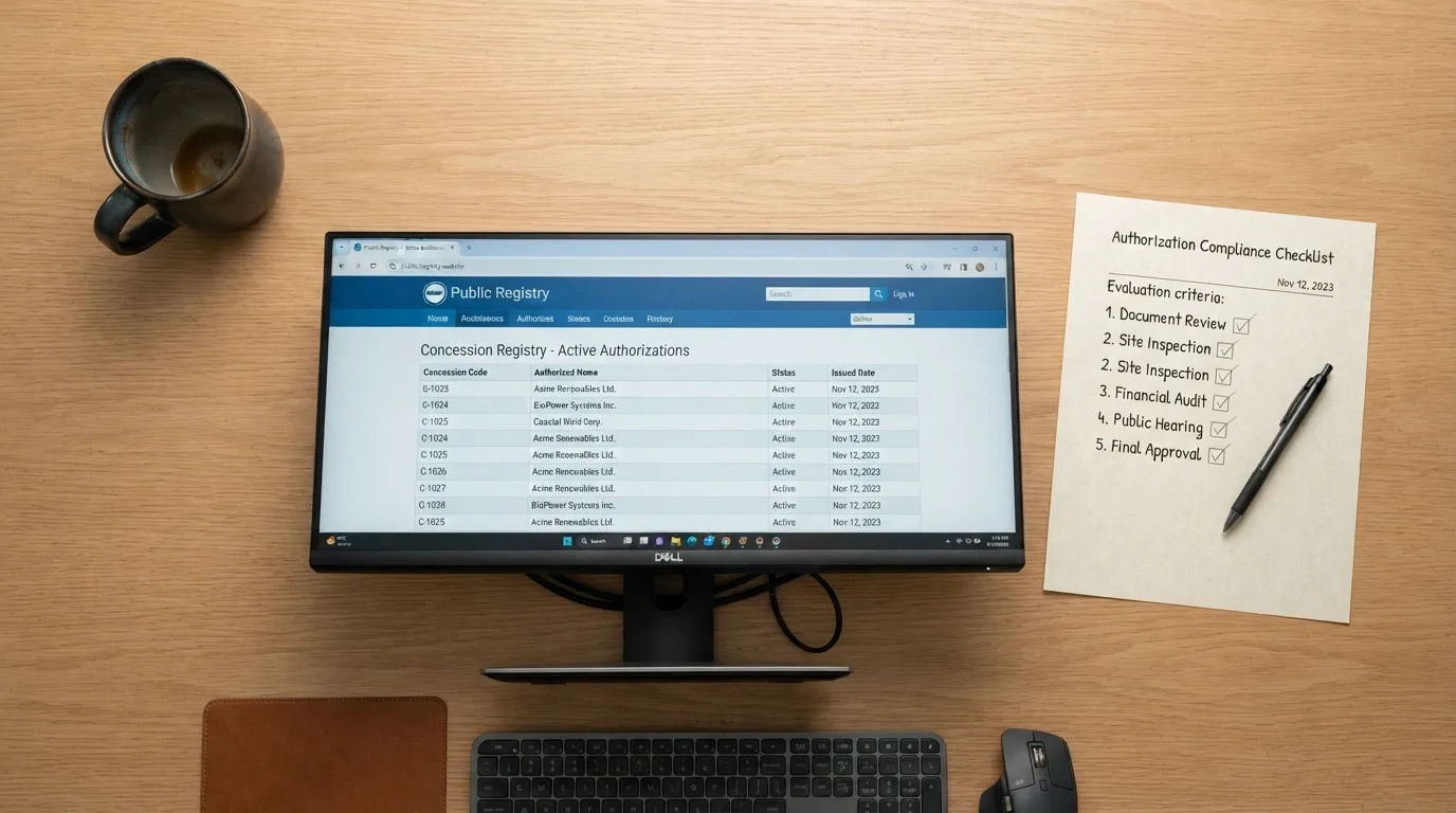 Il registro ADM pubblico dei concessionari aperto su un monitor, con accanto una lista di criteri di valutazione (pertinenza, tipologia bonus, trasparenza condizioni)