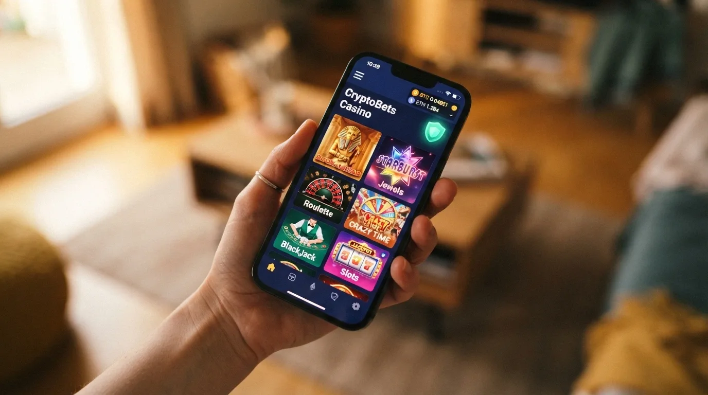 Interfaccia mobile-responsive di un casinò Ethereum su smartphone con lobby giochi e saldo in ETH