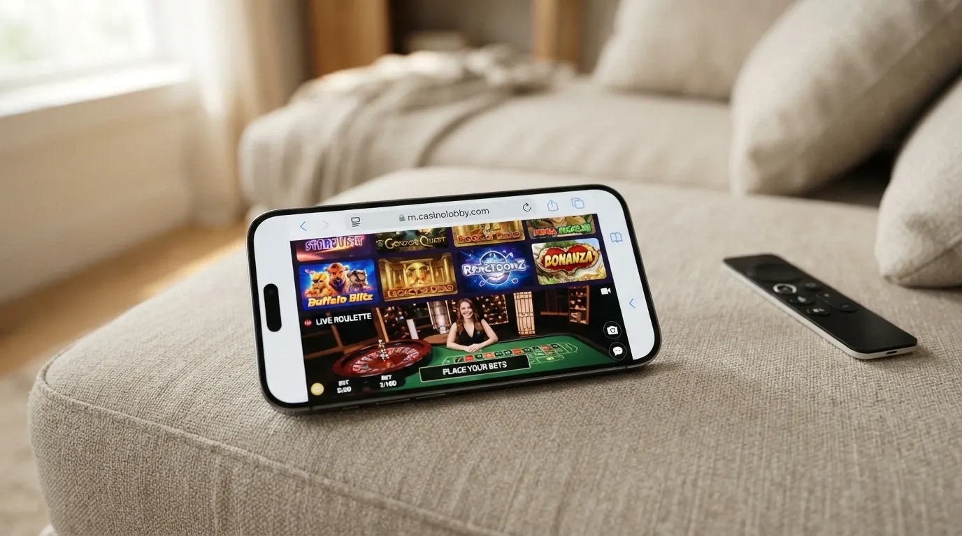 Uno smartphone in orizzontale che mostra un'interfaccia di casinò nel browser mobile, senza icona di app sullo schermo, con slot e giochi live visibili