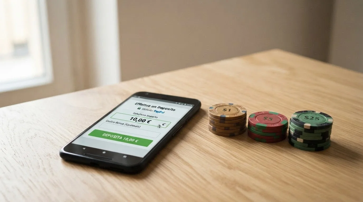 Monete da 10 centesimi accanto alla schermata di deposito di un casinò online