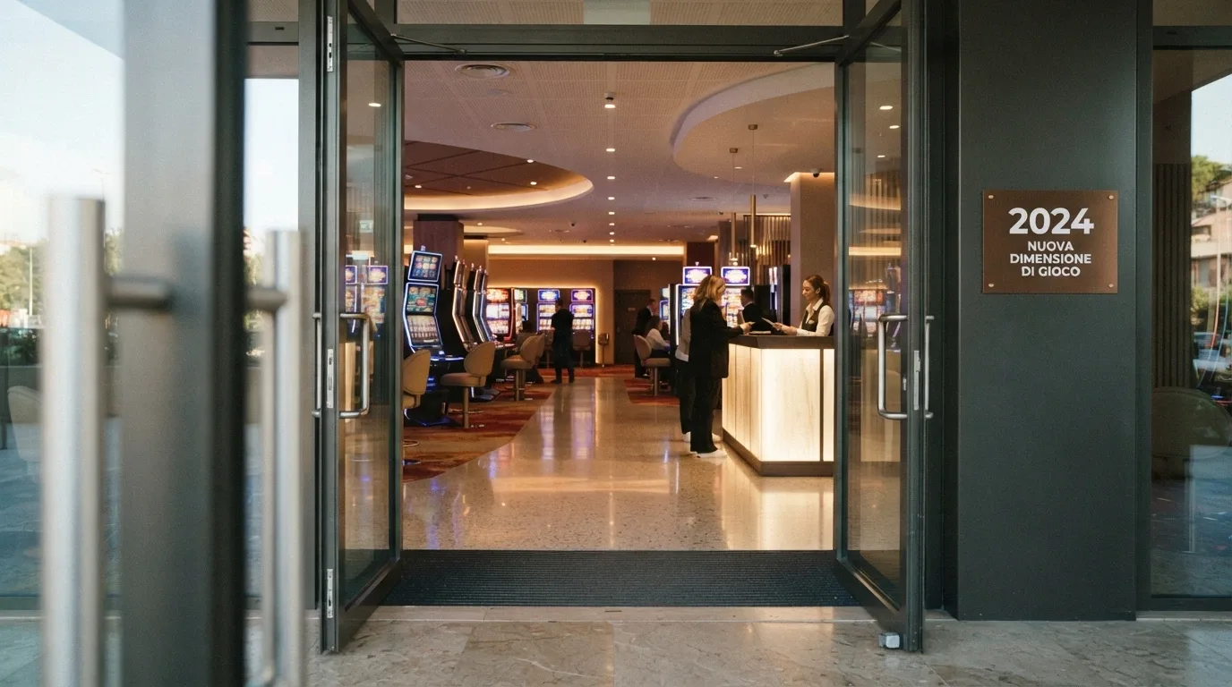 Una porta che si apre su una lobby di casinò moderna con il badge «2026» in evidenza e la dicitura «nuova piattaforma»