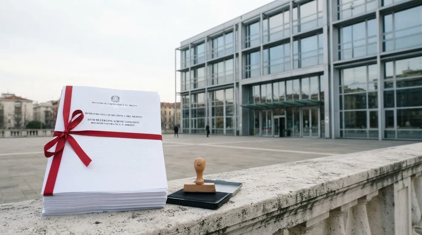 Un edificio moderno con l'insegna «ADM» e una pila di concessioni fresche di stampa
