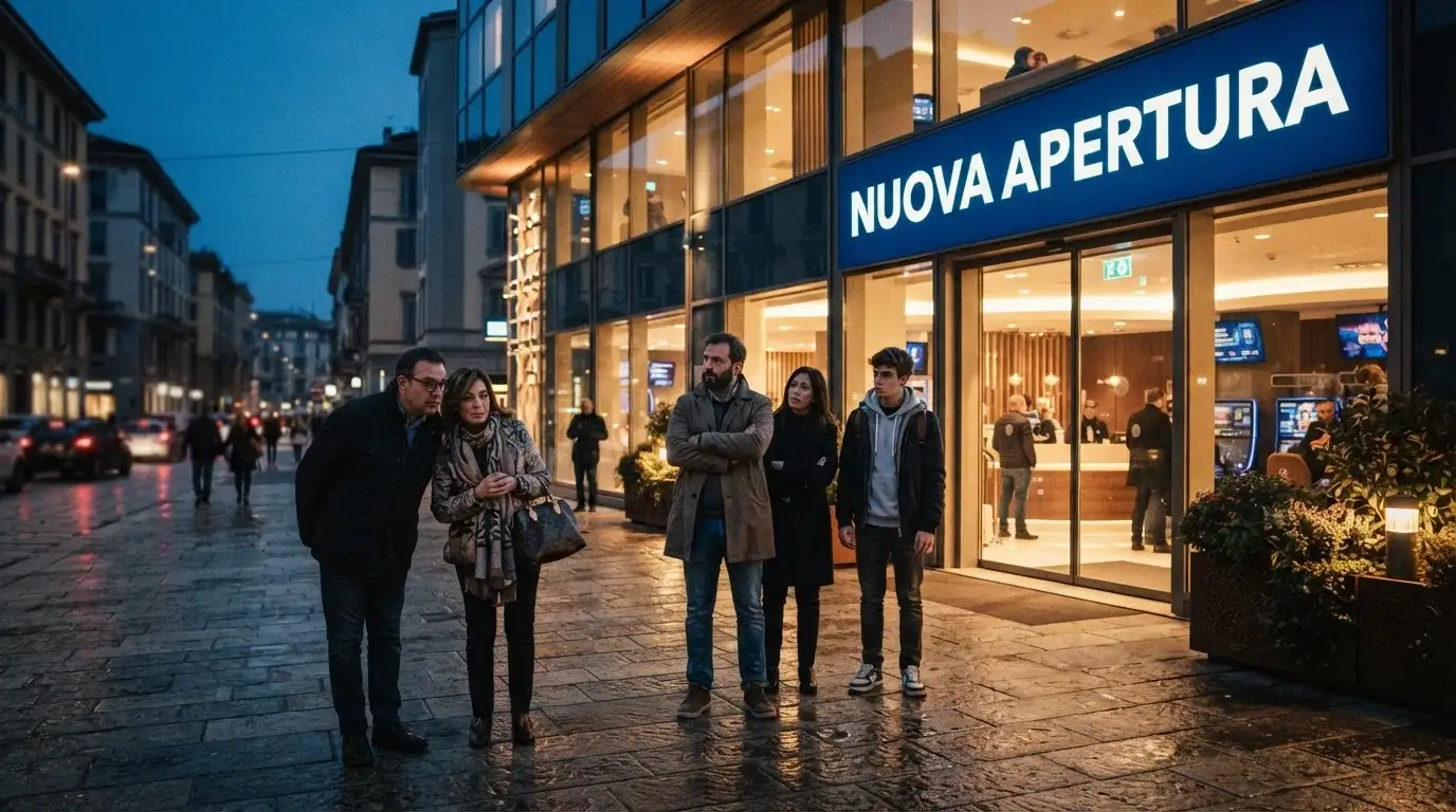 L'insegna luminosa di un casinò online con la scritta «Nuova Apertura» e un gruppo di persone che osservano da lontano, alcune con espressione curiosa, altre cauta
