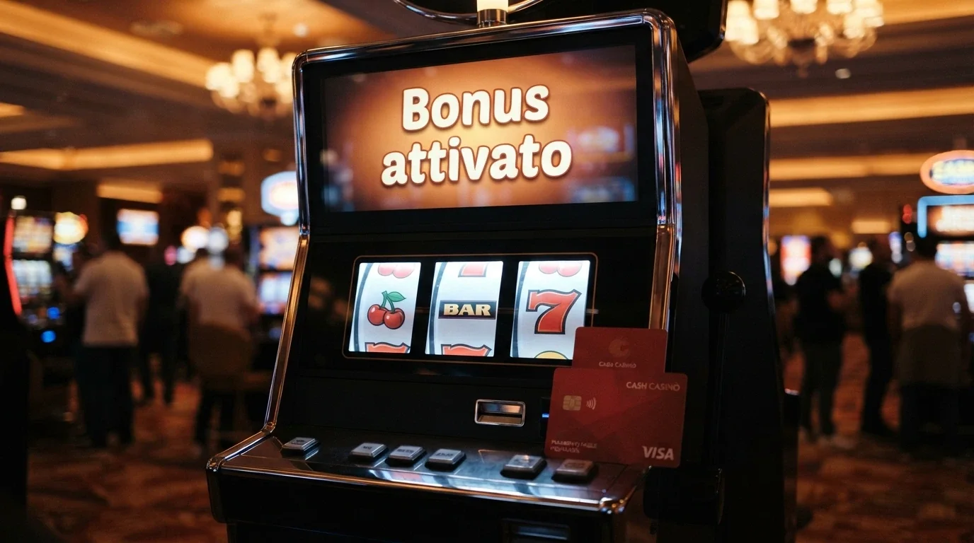 Un primo piano di una slot machine con il messaggio «Bonus attivato» sullo schermo e una carta PostePay in secondo piano