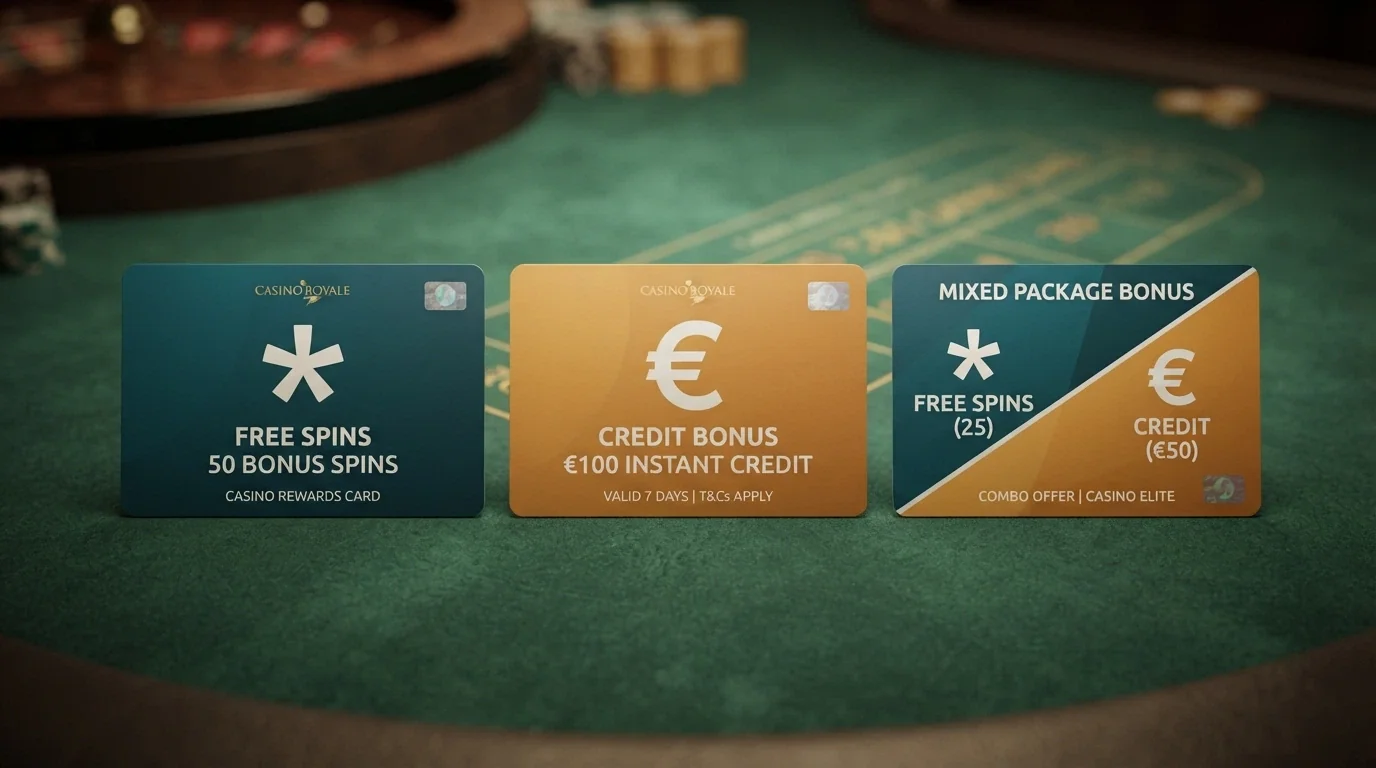Tre riquadri affiancati con diverse tipologie di bonus senza deposito: free spin, credito in euro, pacchetto misto