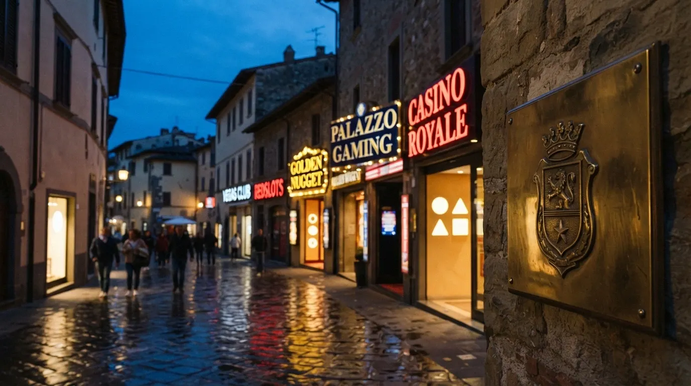 Una fila di insegne di casinò con il logo ADM in primo piano su uno sfondo urbano italiano