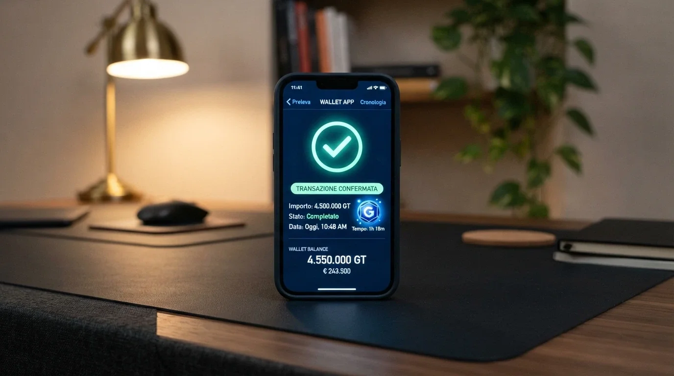 Uno smartphone con il wallet Bitcoin aperto e una notifica di transazione completata in 1 ora e 18 minuti