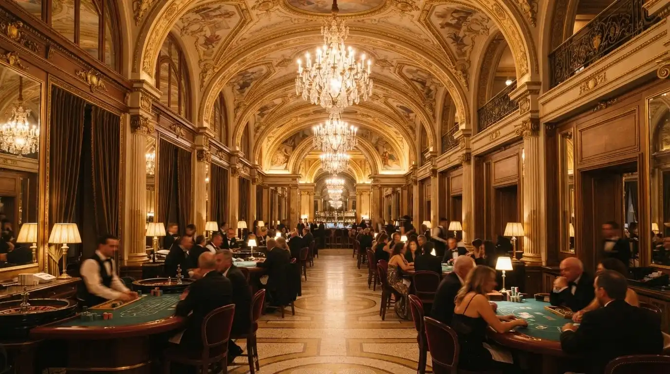 Salone interno del Casinò di Sanremo con lampadari di cristallo, stucchi dorati e pavimento a mosaico in stile liberty