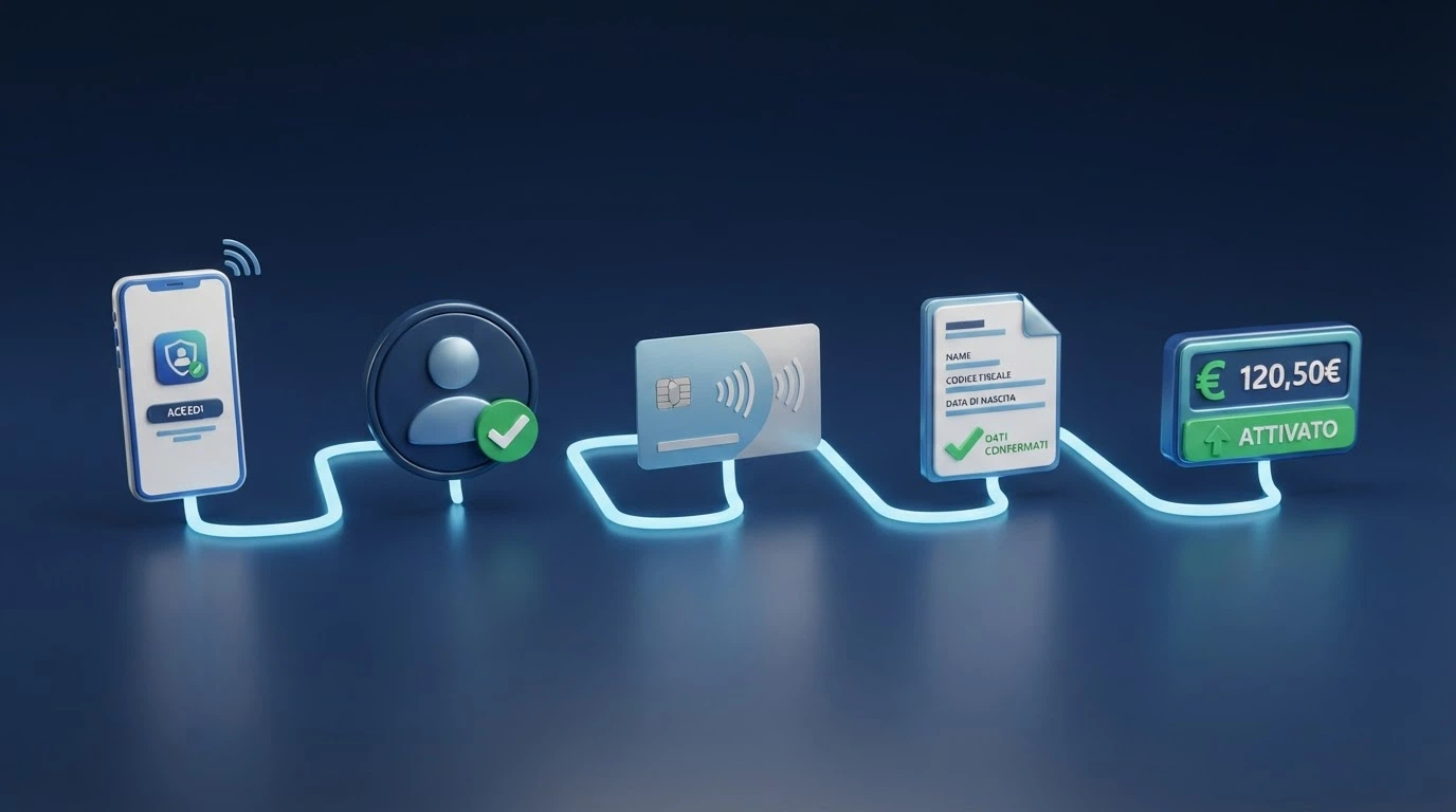 Un'infografica a cinque icone che illustra il flusso: app CieID, associazione operatore, lettura NFC, conferma dati, conto attivo