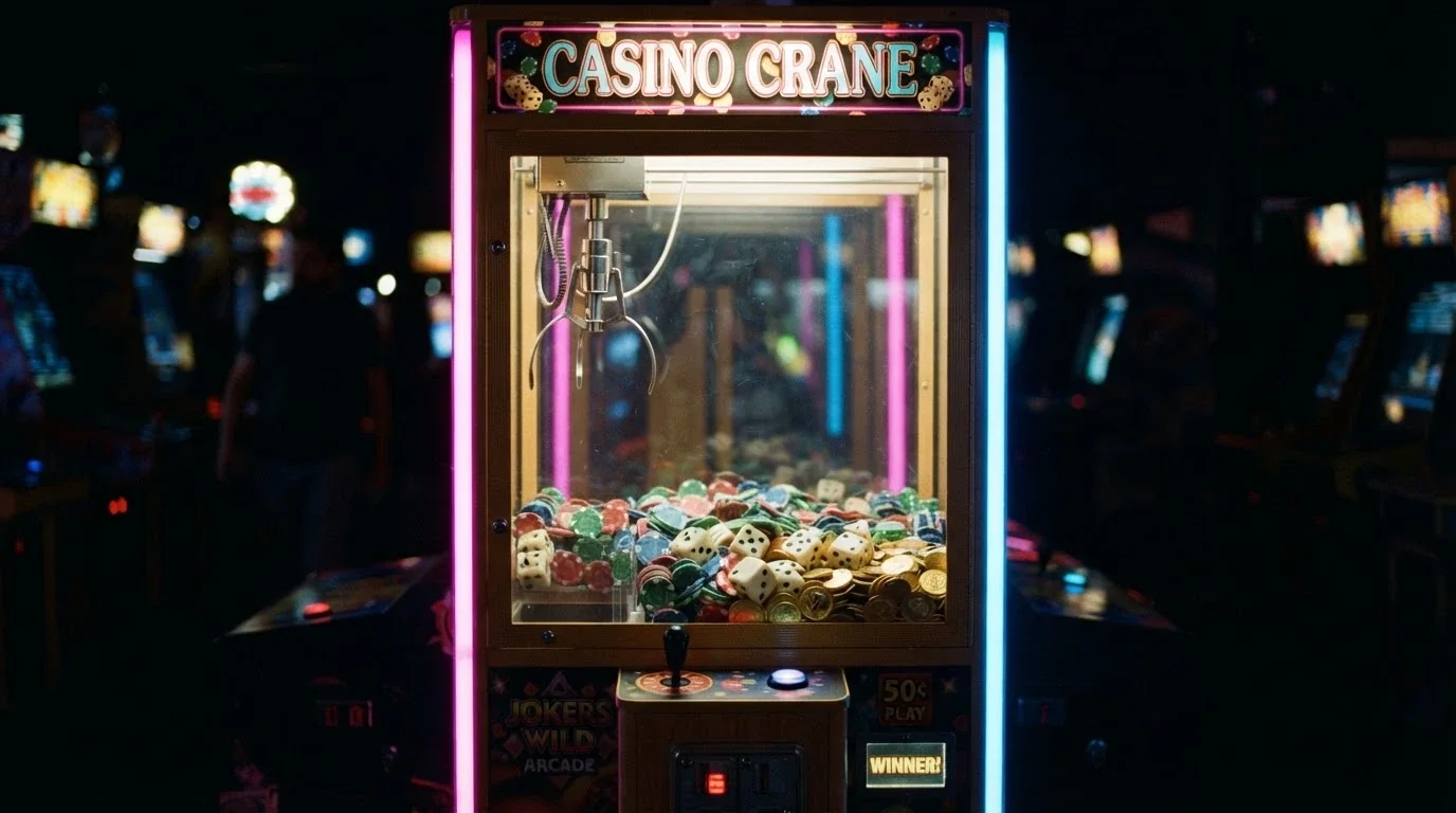 Una macchina a pinza in stile arcade con all'interno simboli di casinò, chip, dadi e monete, illuminata da luci al neon