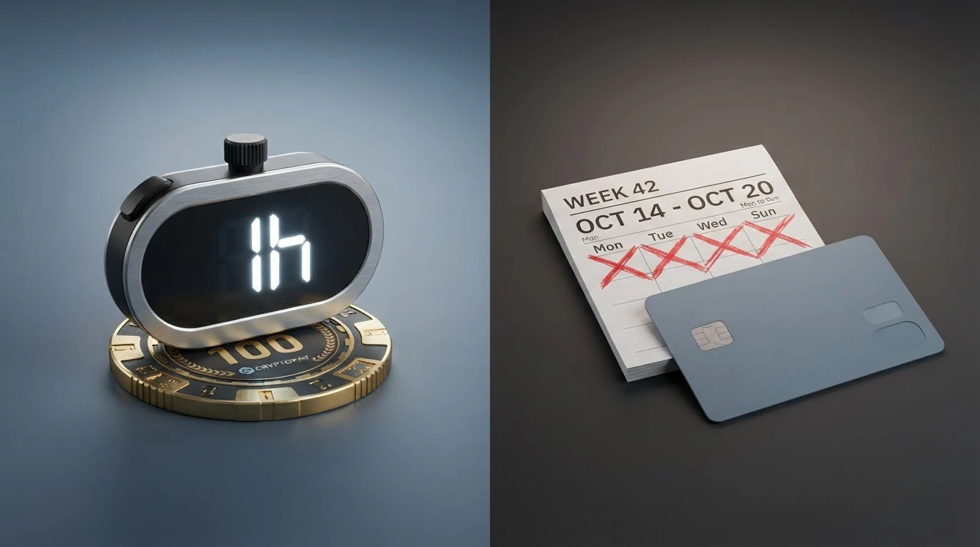Un cronometro digitale che segna 1 ora accanto a un calendario con 3 giorni barrati, con il logo di Bitcoin da un lato e quello di una banca dall'altro