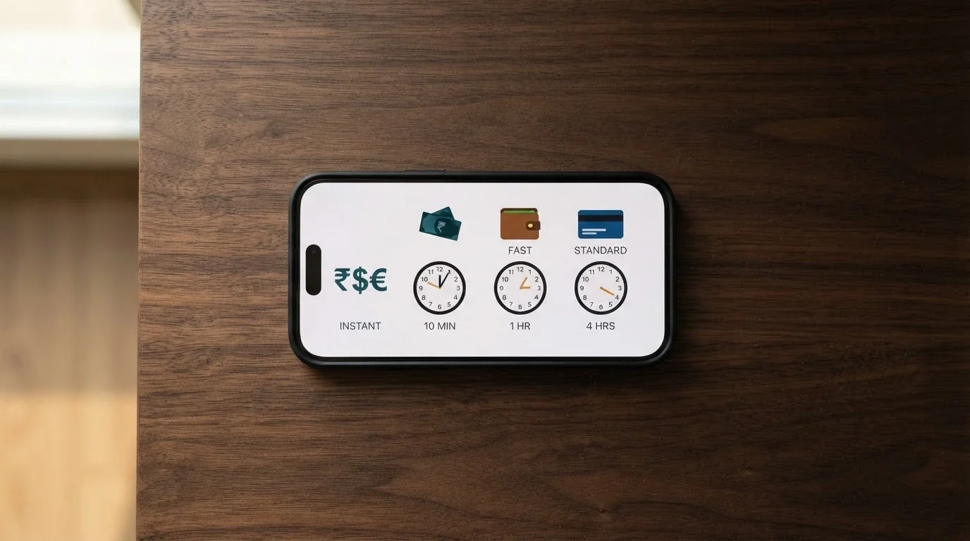 Un telefono che mostra diverse icone di pagamento — Bitcoin, portafoglio elettronico, carta di credito — con un orologio che segna tempi diversi accanto a ciascuna
