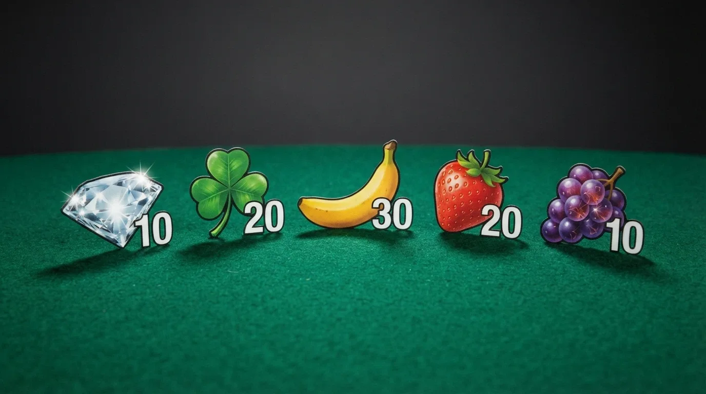 Cinque simboli premio disposti su un tavolo da gioco verde — un diamante, un trifoglio, una banana, una fragola e un grappolo d'uva — ciascuno con il rispettivo valore in euro o free spin accanto