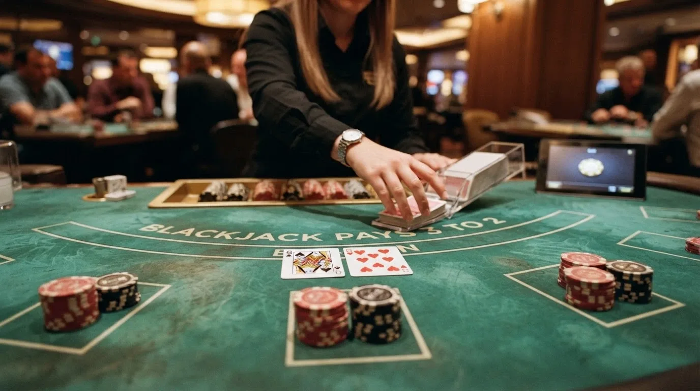 Tavolo di blackjack dal vivo con interfaccia utente di un casinò online e indicatore di bonus attivo