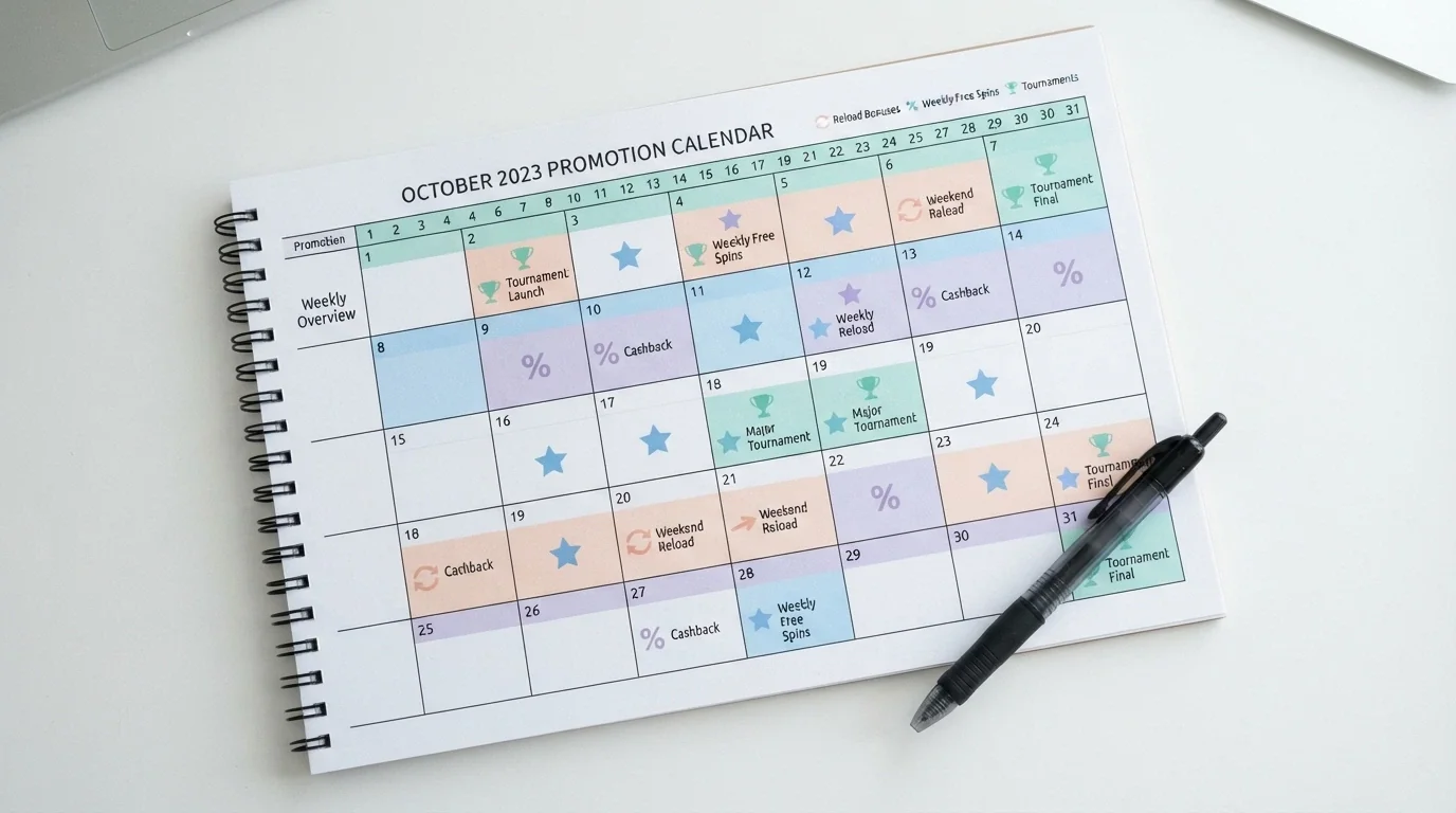 Calendario mensile stilizzato con icone per diverse promozioni: ricarica, cashback, free spin settimanali, torneo