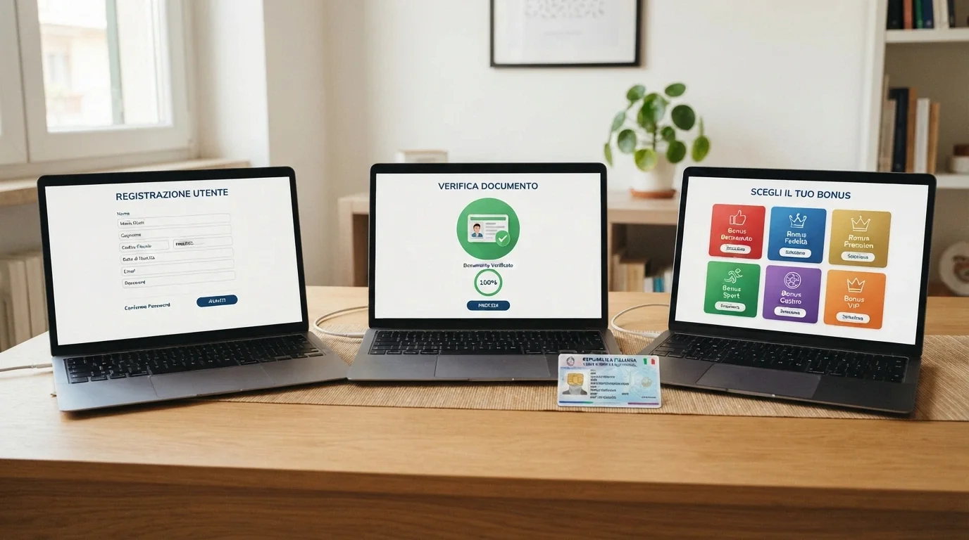 Sequenza di tre schermate di registrazione: anagrafica, verifica documento, scelta del bonus, con un documento d'identità accanto al monitor