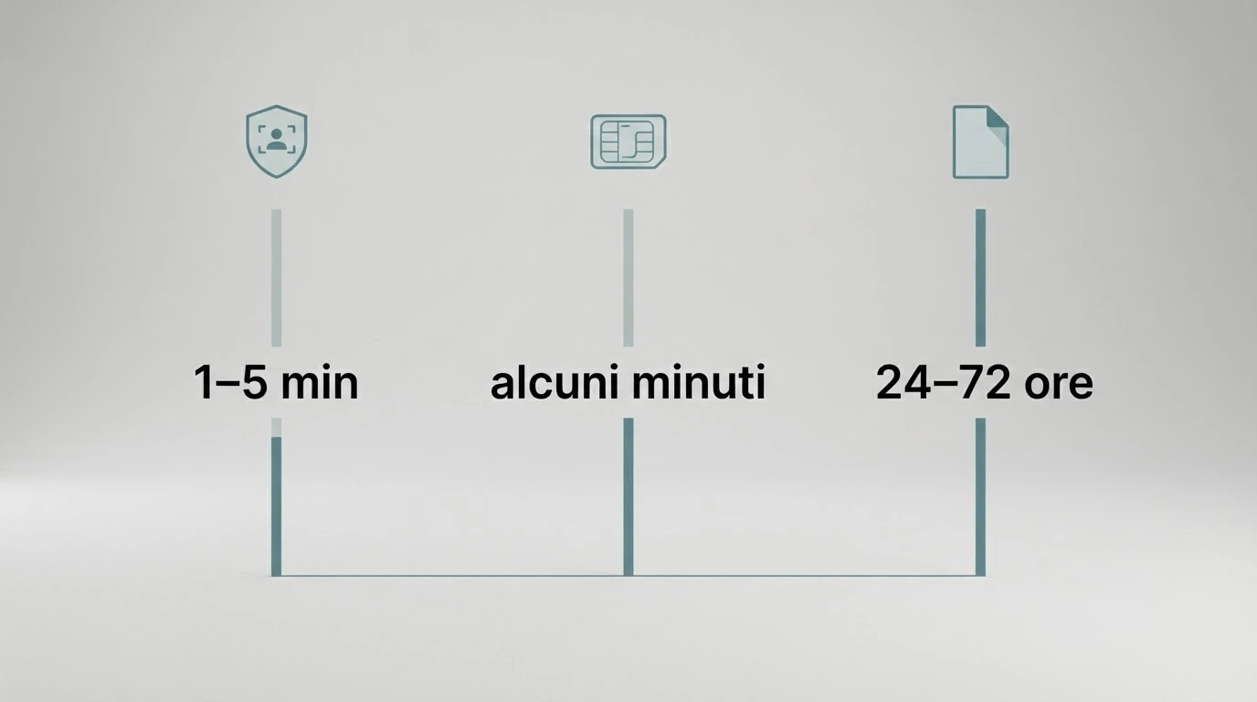 Tre icone affiancate rappresentano SPID, CIE e un documento d'identità cartaceo, con una linea del tempo sotto ciascuna che indica 1-5 minuti, alcuni minuti e 24-72 ore