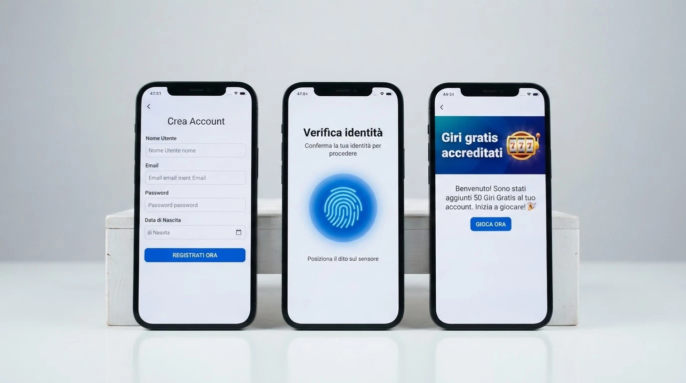 Tre schermate affiancate di un telefono: la prima mostra il form di registrazione, la seconda la verifica SPID, la terza la notifica «Giri gratis accreditati»