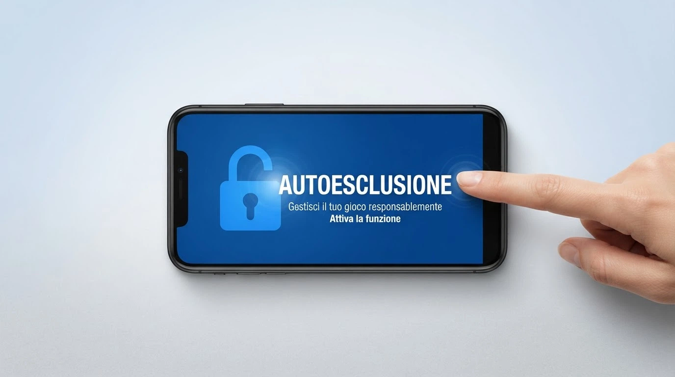 Un'interfaccia digitale con un pulsante «Autoesclusione» e l'icona di un lucchetto, affiancata dalle nuove opzioni granulari del 2026