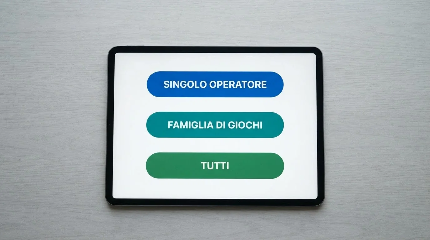 Un'interfaccia semplificata con tre pulsanti — «singolo operatore», «famiglia di giochi», «tutti» — a rappresentare le nuove modalità granulari del RUA