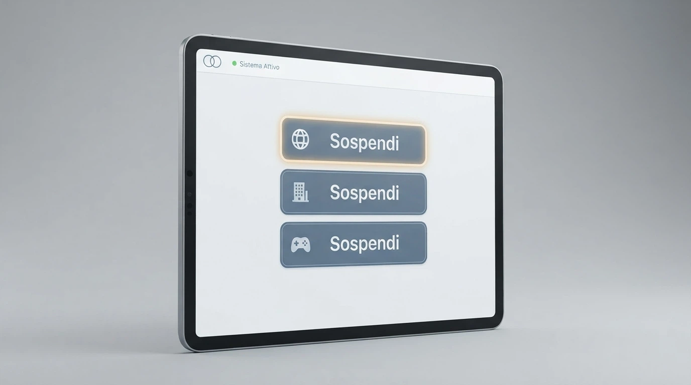 Un'interfaccia digitale con pulsanti «Sospendi» e icone che rappresentano le tre modalità di autoesclusione (globale, per operatore, per categoria di gioco), con il logo Sogei visibile