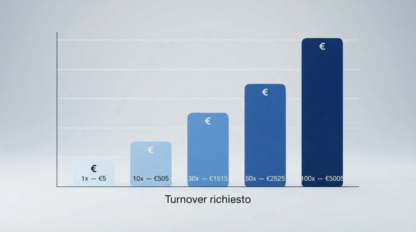 Un grafico a barre che confronta il turnover richiesto per un bonus da €5 a wagering 1x, 10x, 30x, 50x e 100x