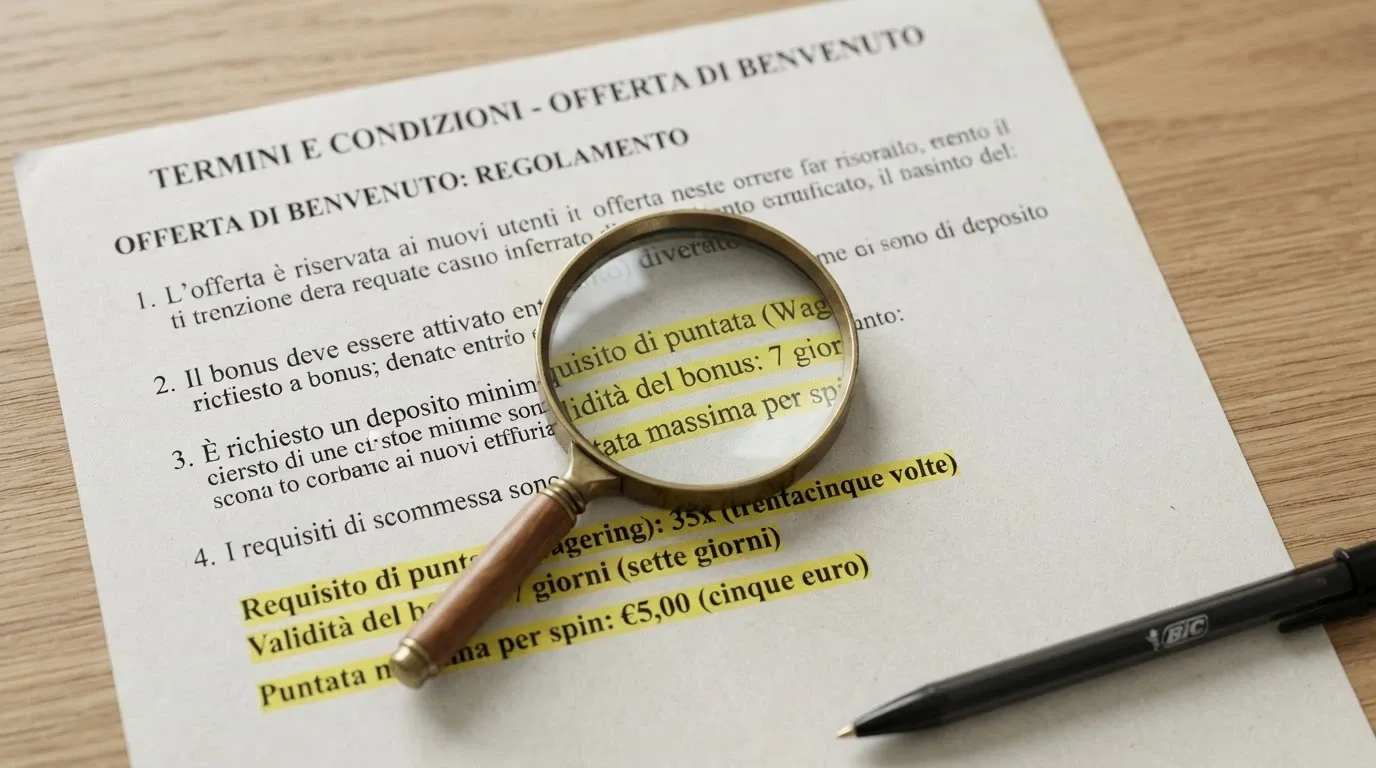 una lente di ingrandimento su un foglio di termini e condizioni con le voci wagering, validità e limiti evidenziate