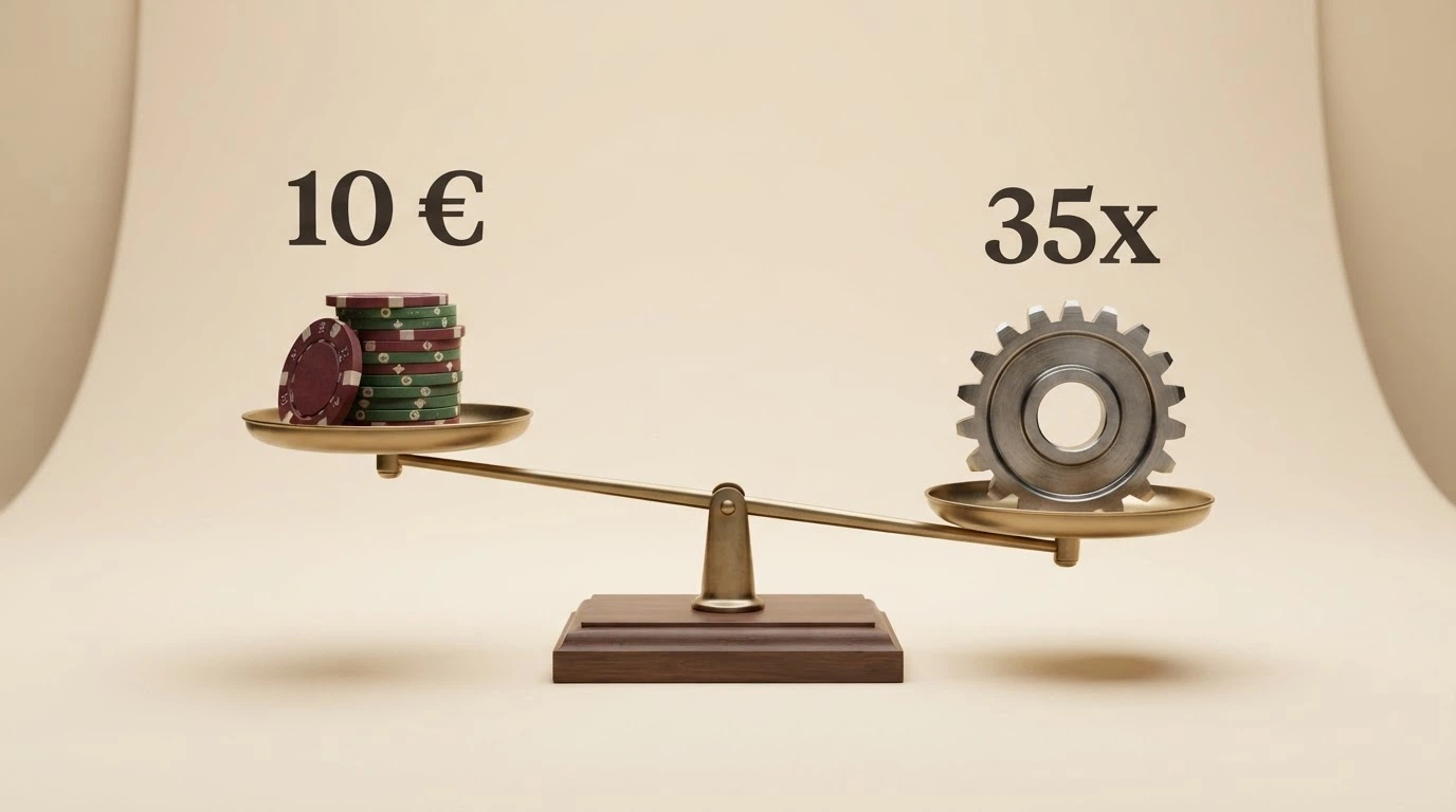 Una bilancia stilizzata: su un piatto una pila di fiches con la cifra del bonus, sull'altro un ingranaggio con la scritta «wagering 35x» — i piatti sono in equilibrio precario