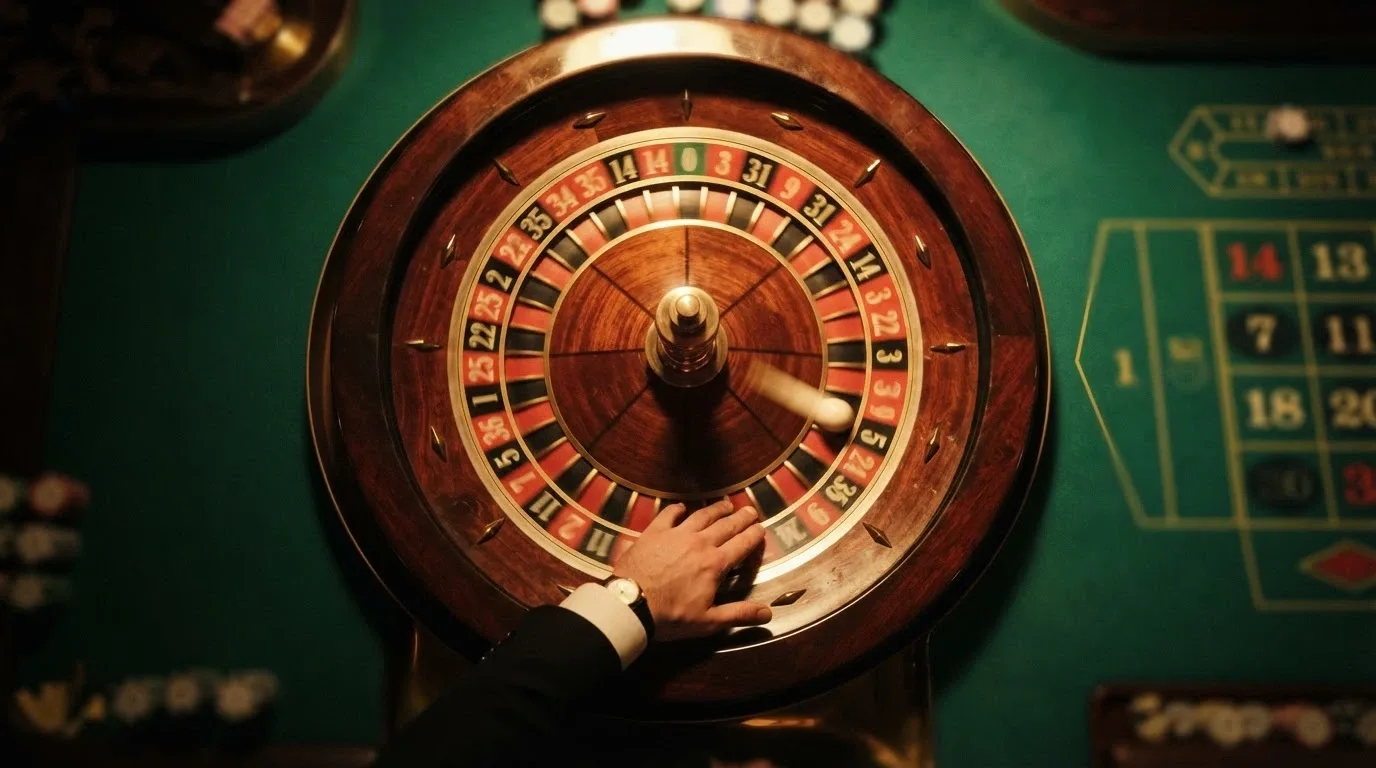 Una ruota della roulette in movimento ripresa dall'alto, con il croupier che segue il giro della pallina