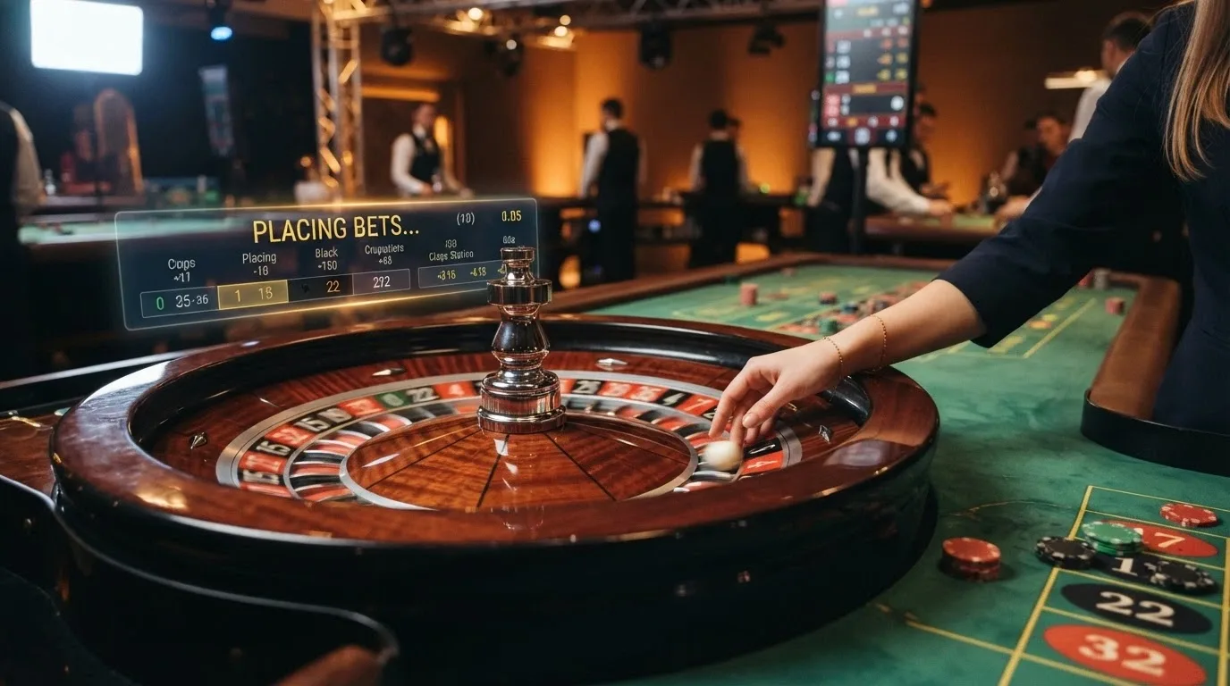 Tavolo di roulette live con croupier, ruota in movimento e interfaccia di puntata su schermo