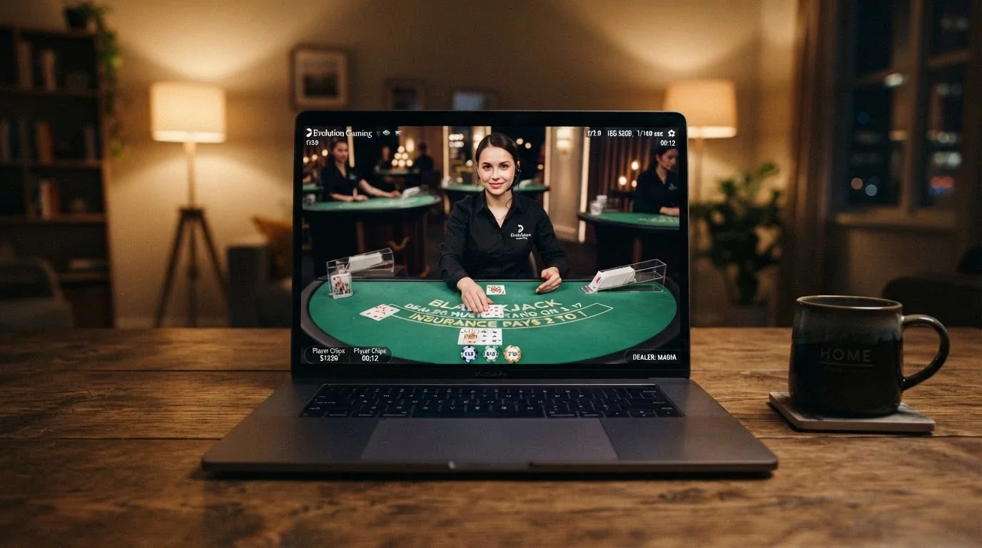 Un dealer live a un tavolo di blackjack con l'interfaccia di gioco visibile