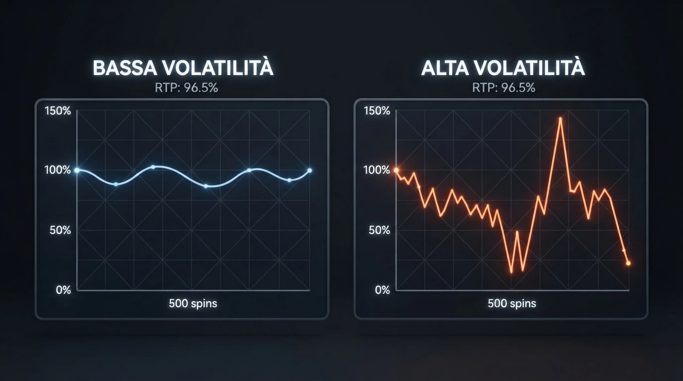 Un grafico che mostra l'andamento del bankroll su 500 spin per due slot con RTP identico e volatilità opposta