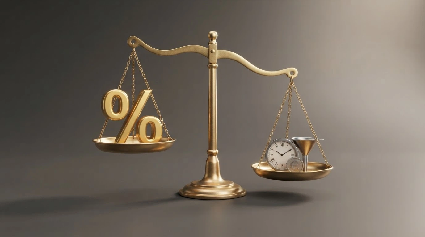 Una bilancia a due piatti: sul piatto sinistro la percentuale del bonus (300%), sul piatto destro i requisiti di puntata, la validità e il tipo di bonus, con la bilancia in equilibrio