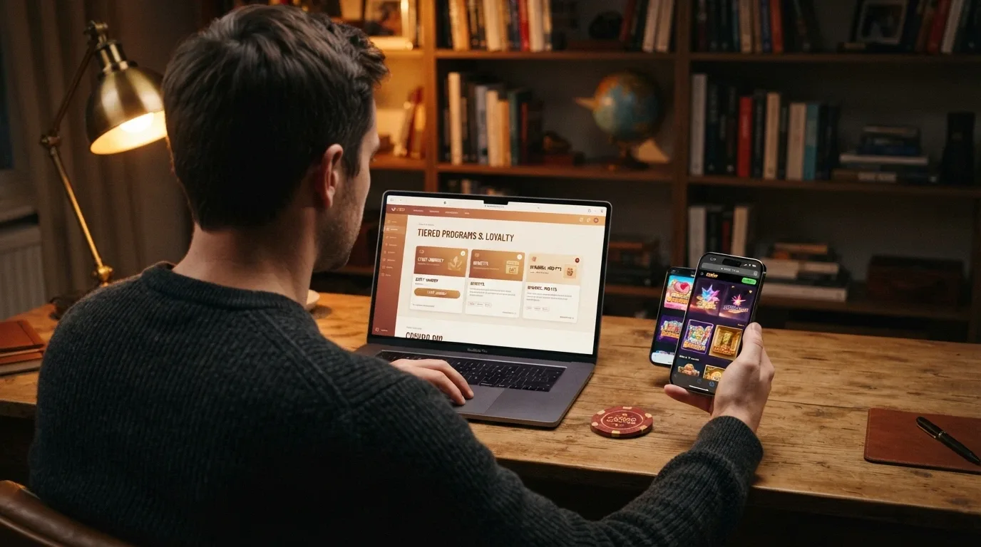 Giocatore che confronta opzioni di casinò VIP su desktop e smartphone