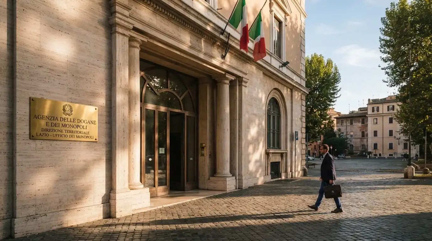 L'ingresso della sede dell'Agenzia delle Dogane e dei Monopoli a Roma, con l'insegna istituzionale in primo piano
