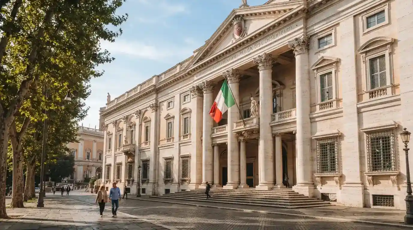 La sede dell'Agenzia delle Dogane e dei Monopoli a Roma, con la bandiera italiana e il logo istituzionale