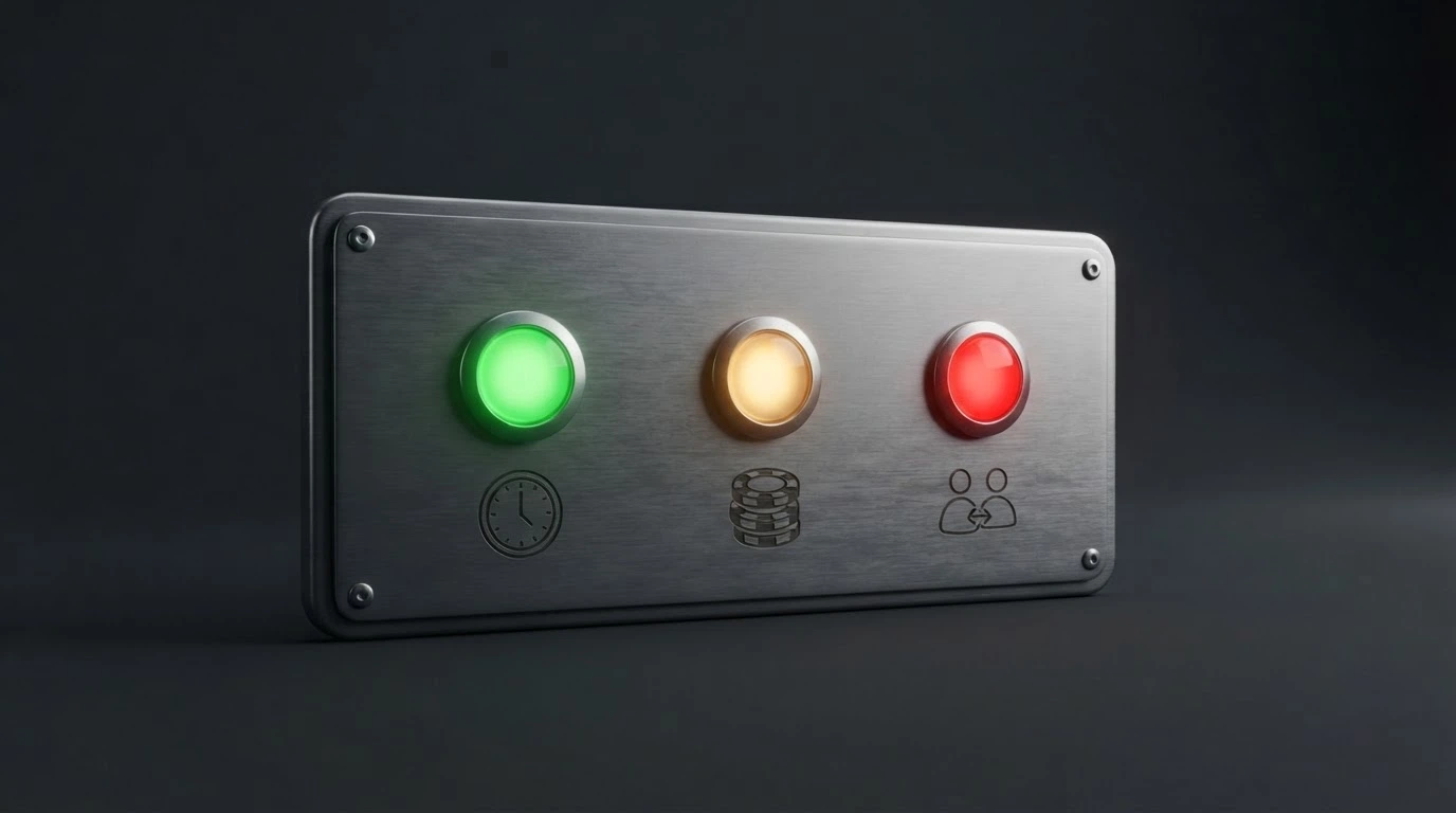 Una serie di spie luminose che passano dal verde al giallo al rosso su un cruscotto stilizzato, con icone che rappresentano tempo, denaro e relazioni