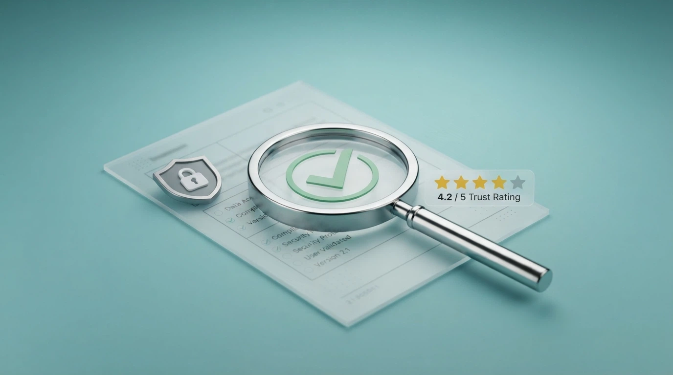 Icone che rappresentano i criteri di valutazione di un casinò: licenza, crittografia, recensioni e termini di bonus