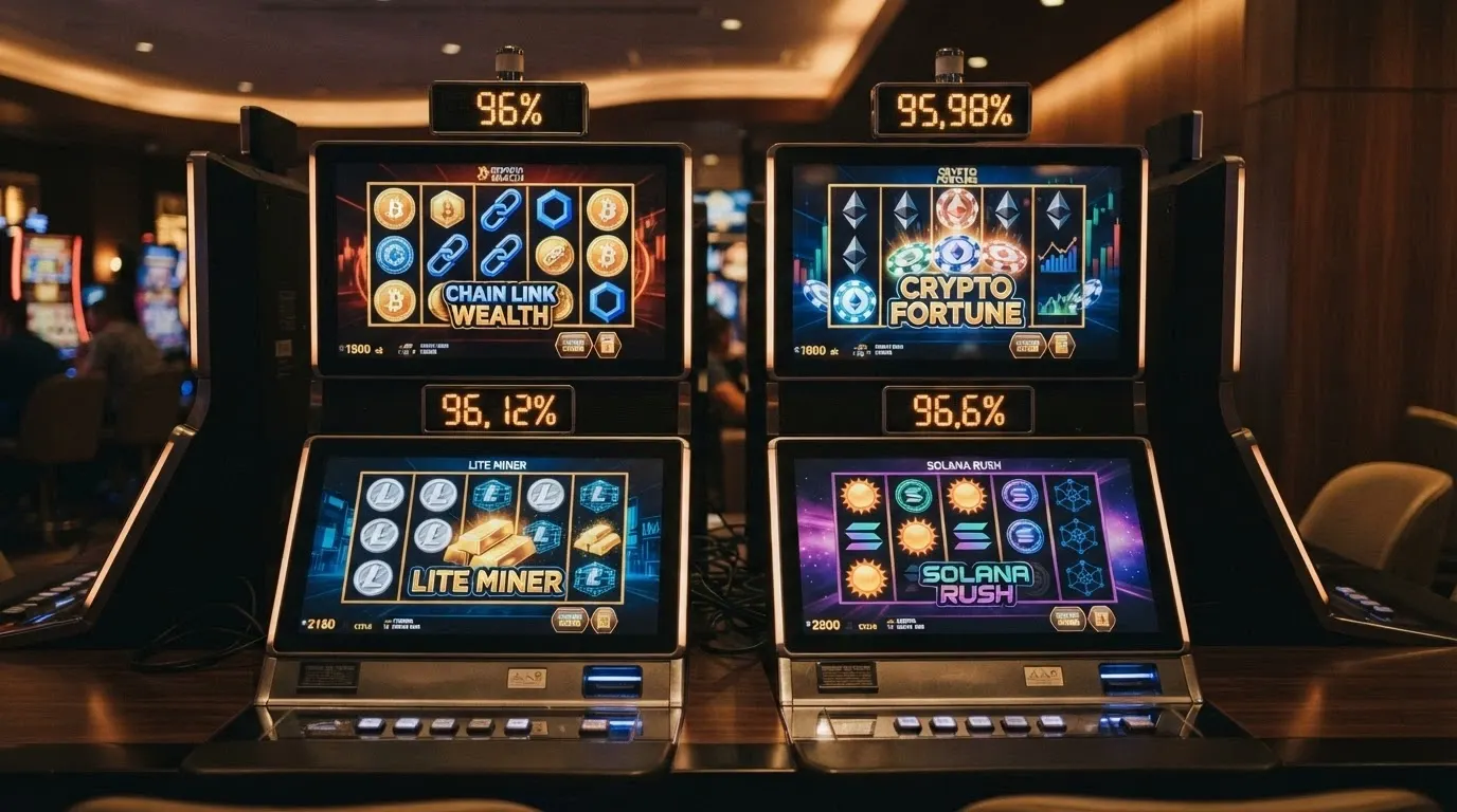 Una griglia di quattro slot machine a tema criptovaluta (Bitcoin, Ethereum, Dogecoin) con le percentuali RTP in evidenza sopra ciascuna