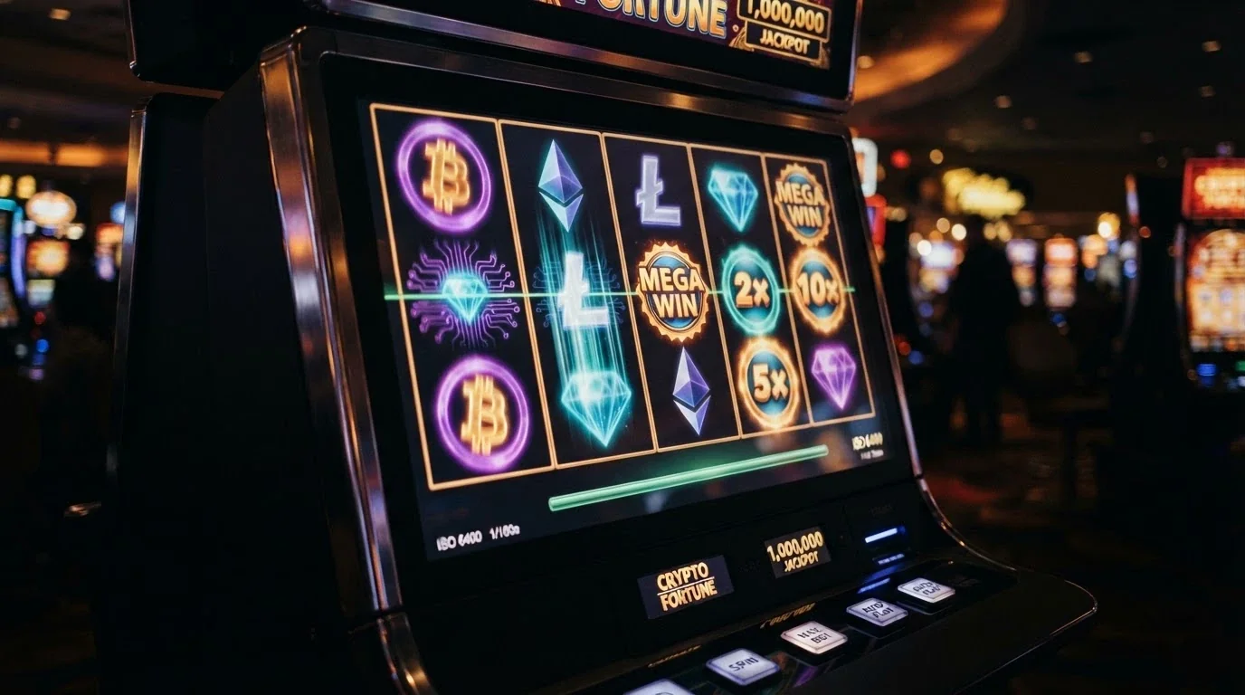 Rulli di una slot machine a tema criptovaluta con simboli Bitcoin, Ethereum e moltiplicatori