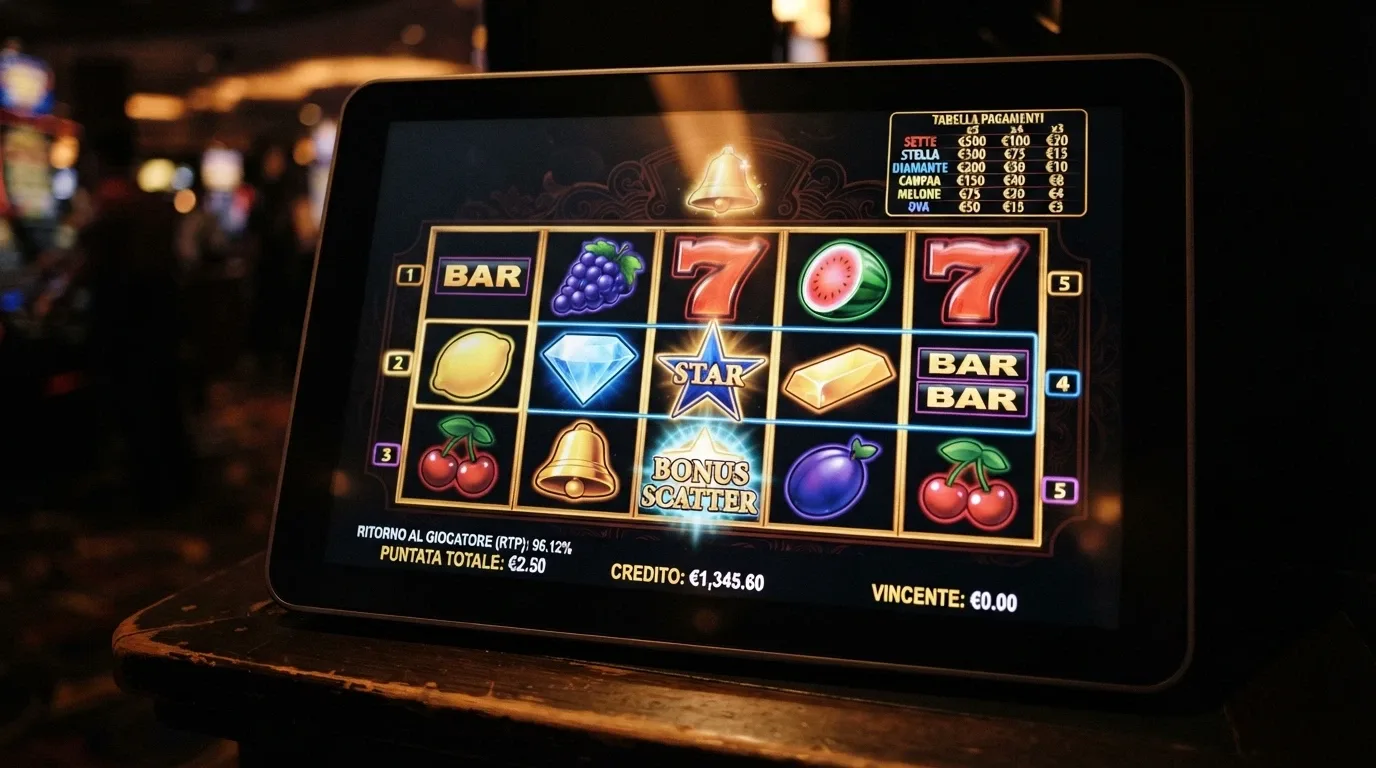 Schermata di una slot machine in versione demo con rulli in movimento e tabella dei pagamenti